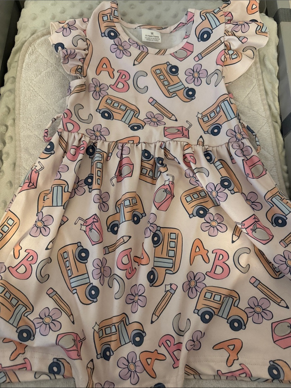 Girls' Pink ABC School Bus Print Flutter-Sleeve Dress